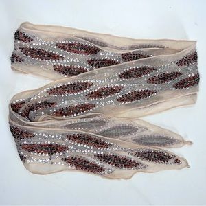 Boho Hippie Belt Neck Tie Hair Wrap Tan Silver & Brown Sequins Iridescen…